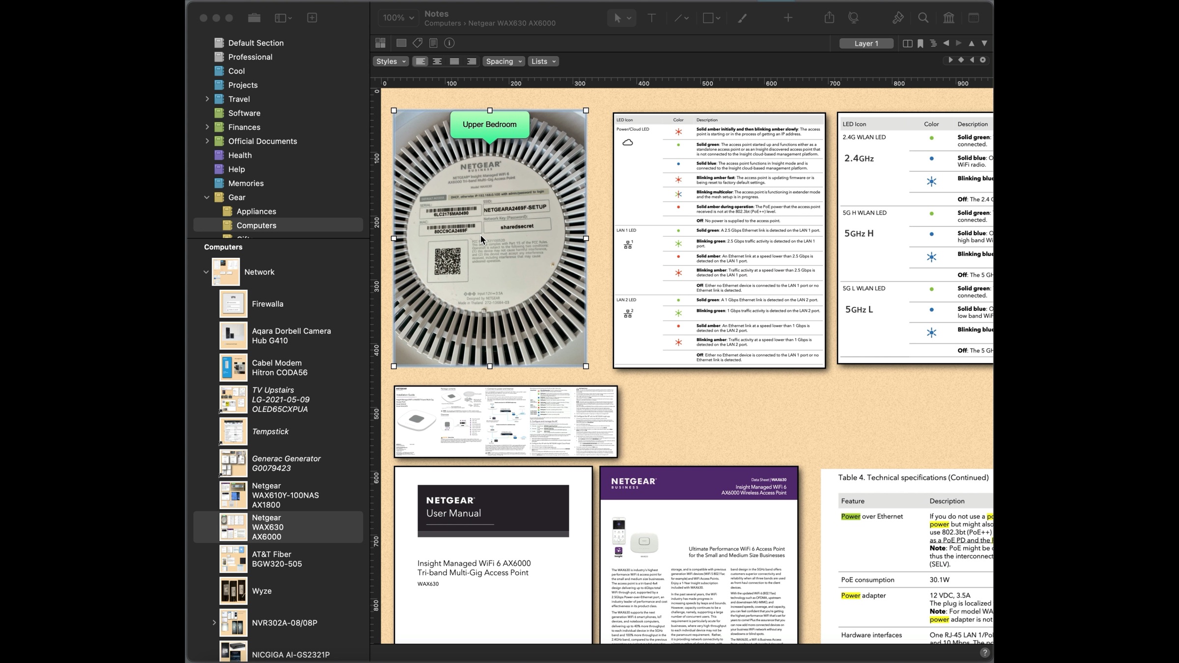 Network equipment photograph and reference documents in Curio