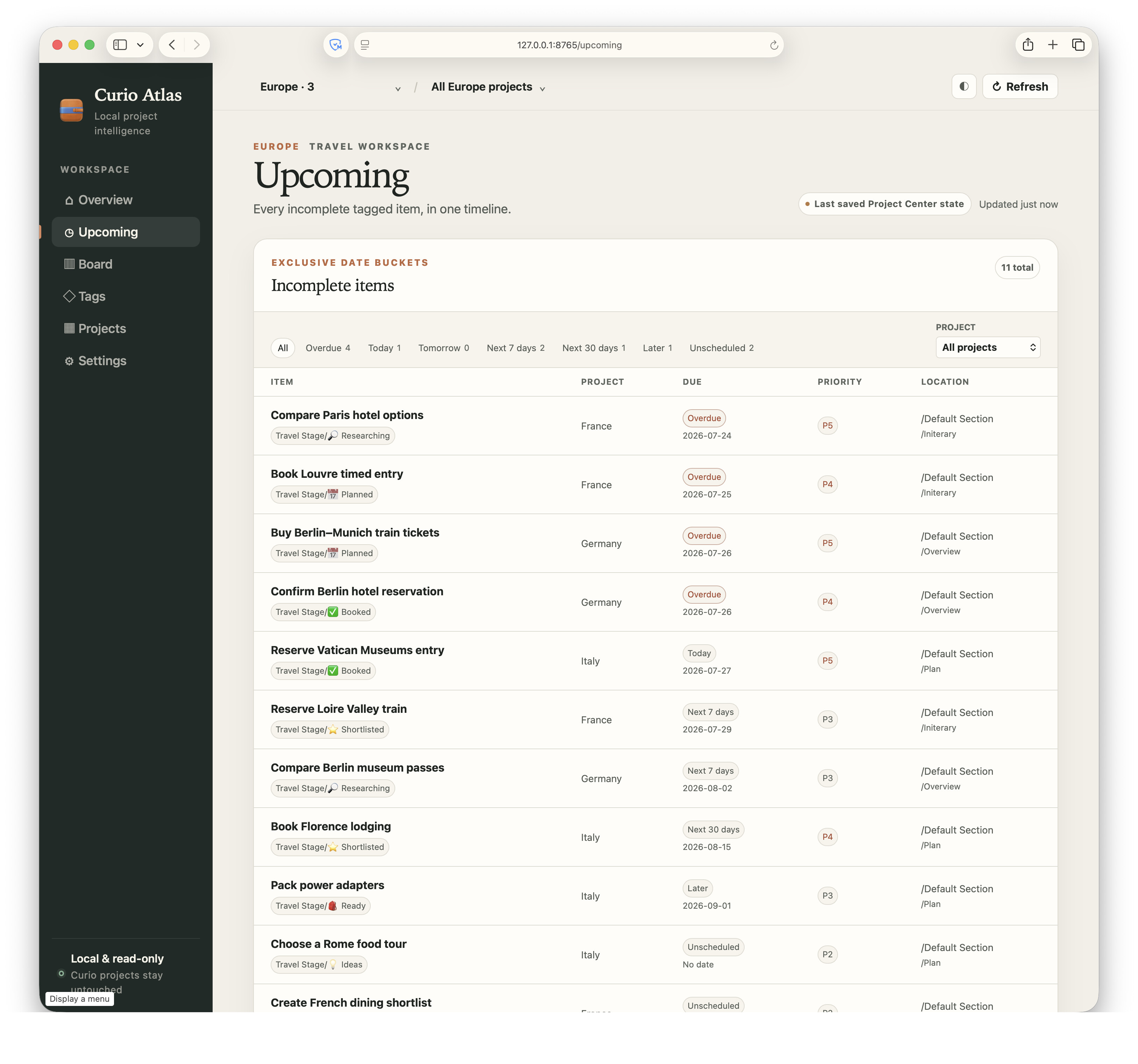 Curio Atlas Upcoming page with a sortable cross-project list.