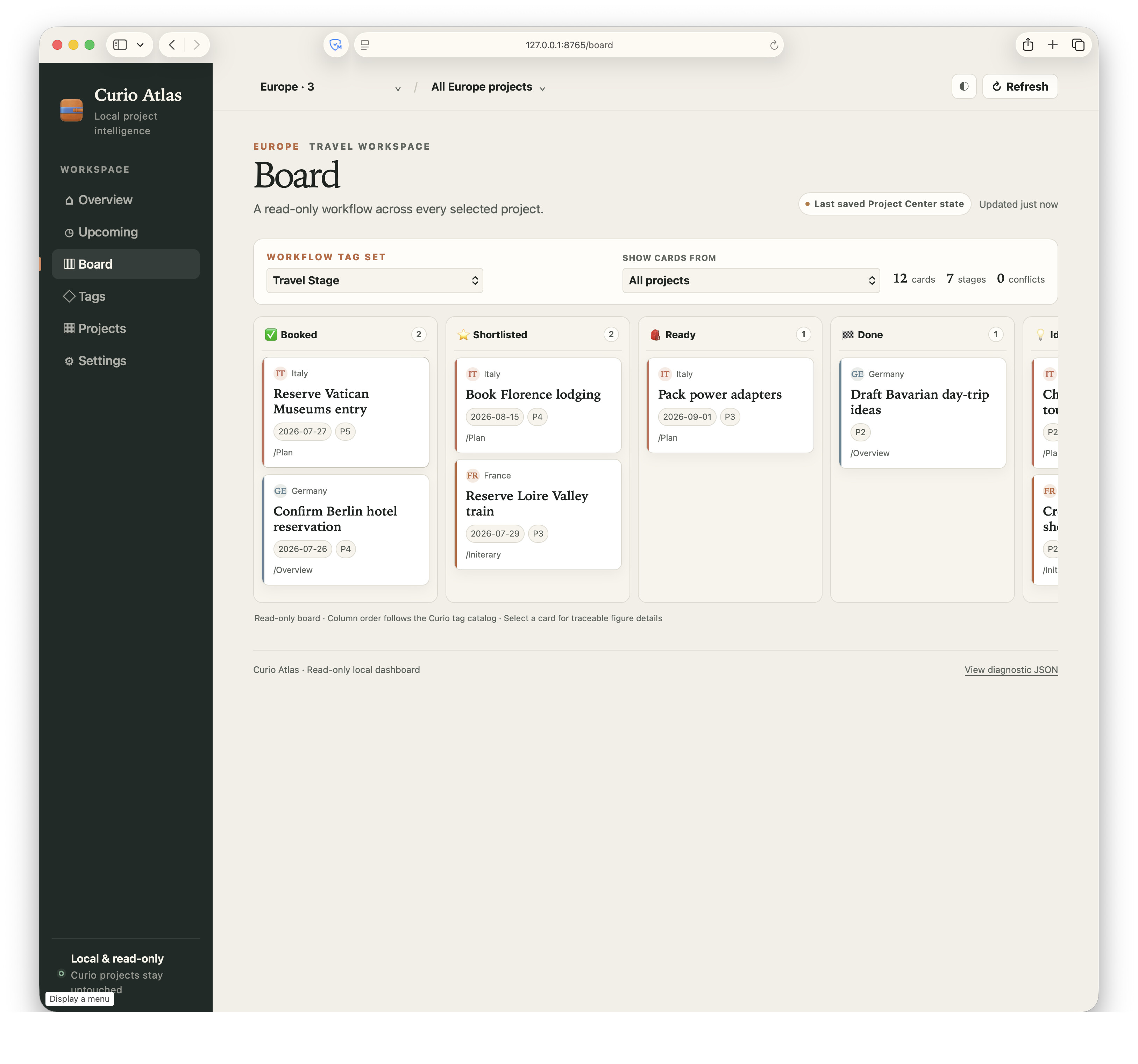 Curio Atlas read-only Kanban board.