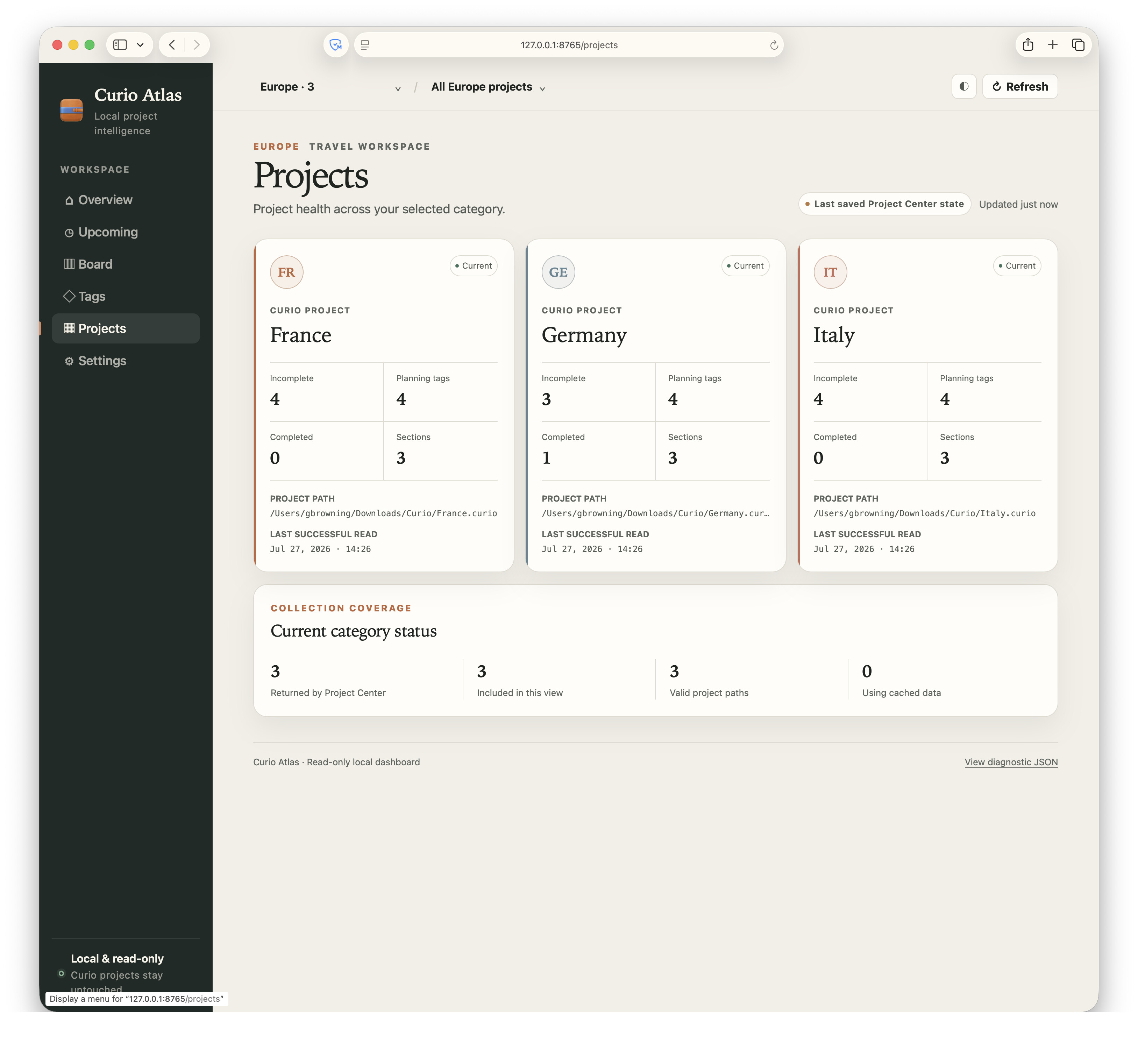 Curio Atlas project health page.