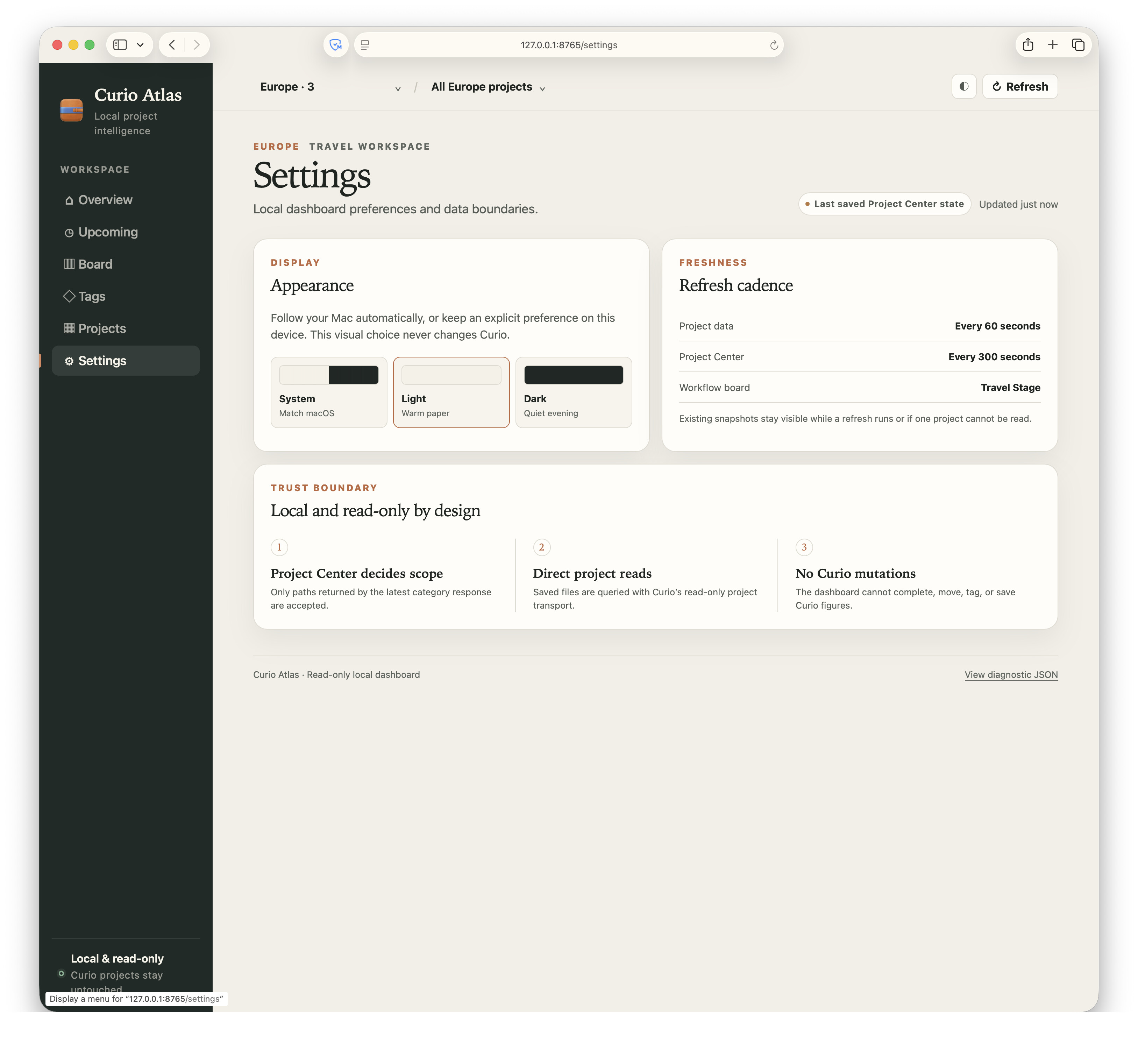 Curio Atlas settings and trust-boundary page.