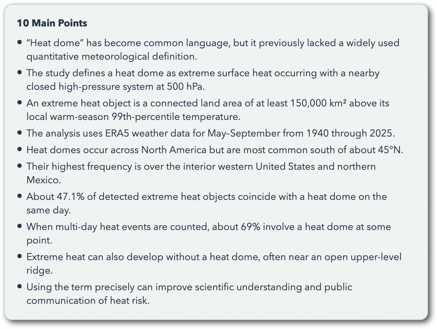 A Curio list containing ten main points from the heat-dome paper.