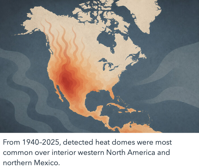A map showing heat dome frequency over North America.
