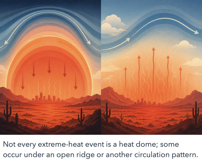 A comparison of a heat dome and an open atmospheric ridge.