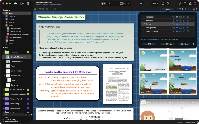 A research idea space mixing rich text, a highlighted quote, hand-styled note cards, an embedded PDF, an equation, and a photo album — with the Organizer sidebar at left and the Layers popover at right.