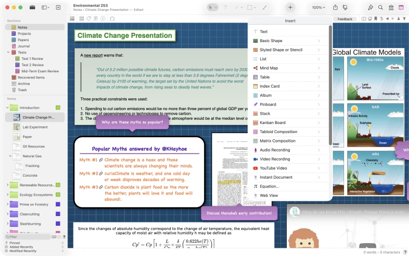 The Insert popover, offering text, shapes, stencils, lists, mind maps, tables, index cards, albums, pinboards, stacks, Kanban boards, compositions, audio and video recordings, equations, and live web views.