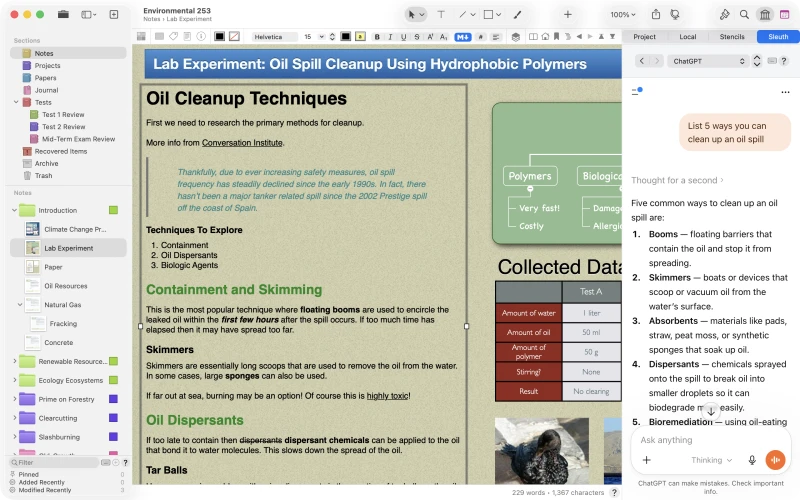A long-form research note with Markdown formatting, an embedded mind map, and a data table, while the Sleuth shelf keeps ChatGPT open beside the work.