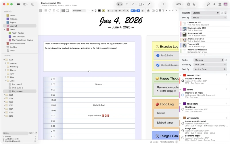 Curio’s integrated Journal for daily class or meeting notes, with the cross-project Status shelf at right aggregating tasks from every open project by due date.