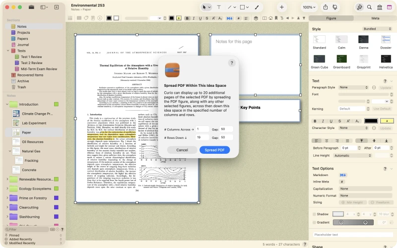 Spread PDF lays the pages of a document across an idea space — and across additional idea spaces — so notes and annotations can sit alongside each page.
