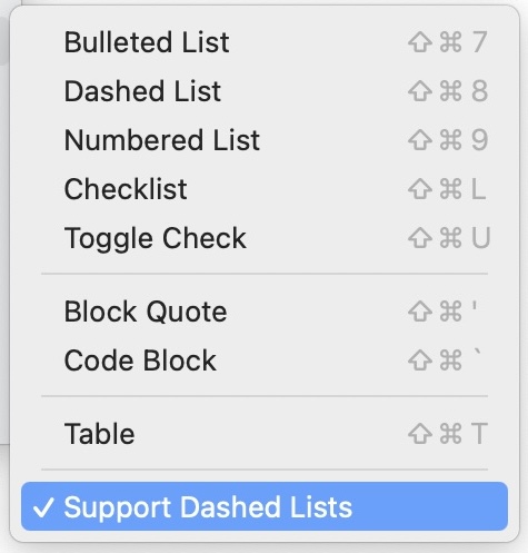 Markdown Dashed List Menu
