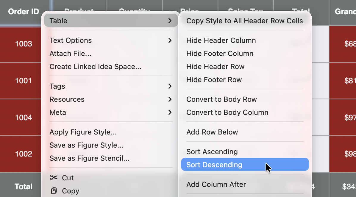 A Curio table context menu with sort commands.
